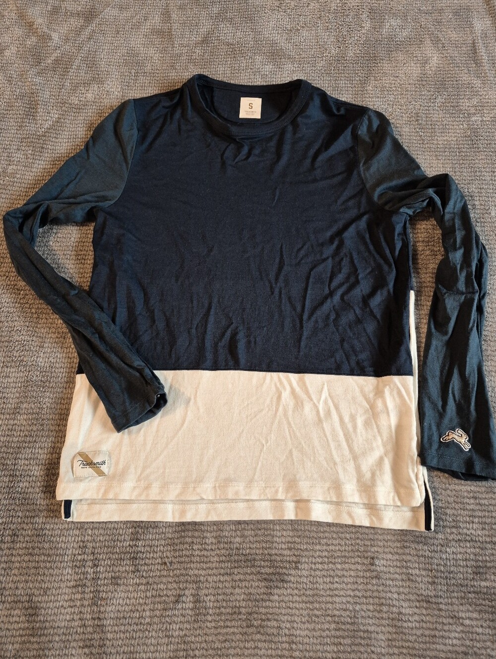 Tracksmith Women’s Long Sleeve Crew Neck  Blue/White Colorblock wool blend